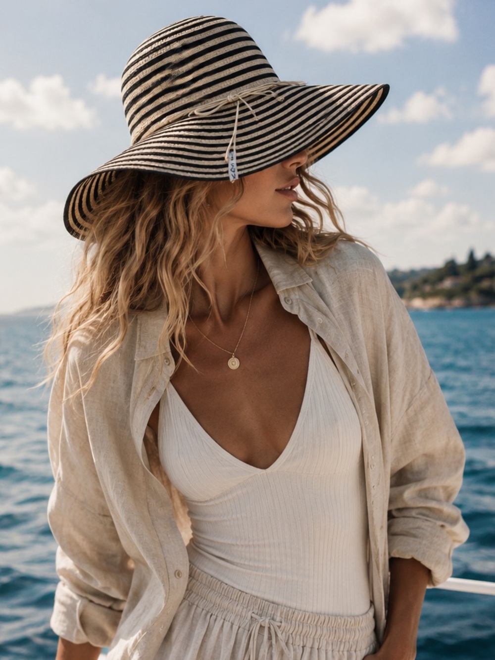 Kavu Black and White Striped Wide-Brim Sun Hat